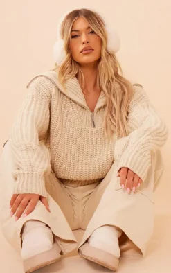 Stone Chunky Knitted Zip Up Oversized Sweater