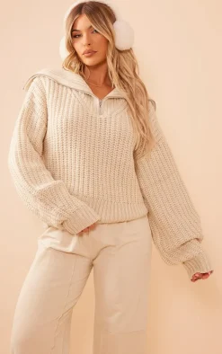 Stone Chunky Knitted Zip Up Oversized Sweater