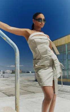 Stone Contrast Stitch Strap Detail Wrap Skirt Bandeau Bodycon Dress