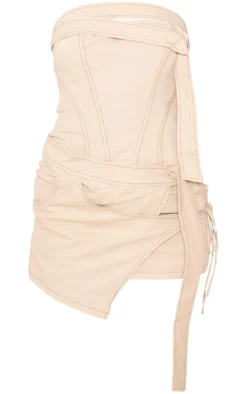 Stone Contrast Stitch Strap Detail Wrap Skirt Bandeau Bodycon Dress