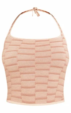 Stone Contrast Textured Knit Halterneck Top