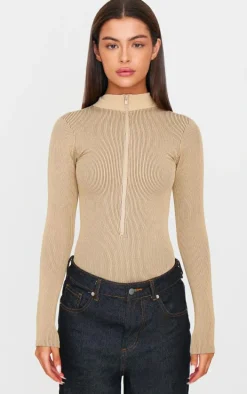 Stone Contrast Snatched Rib Zip Up Long Sleeve Bodysuit