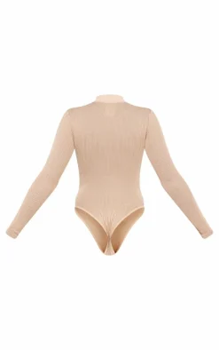 Stone Contrast Snatched Rib Zip Up Long Sleeve Bodysuit