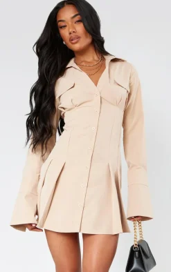 Stone Cotton Poplin Pleated Flared Sleeve Shirt Dress