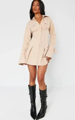 Stone Cotton Poplin Pleated Flared Sleeve Shirt Dress