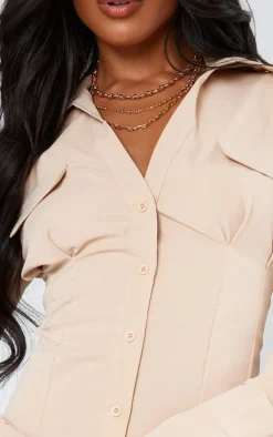 Stone Cotton Poplin Pleated Flared Sleeve Shirt Dress