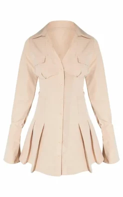 Stone Cotton Poplin Pleated Flared Sleeve Shirt Dress