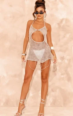 Stone Crochet Knit O Ring Detail Mini Dress