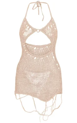 Stone Crochet Knit O Ring Detail Mini Dress