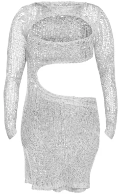 Stone Crochet Sequin Knit Cut Out Mini Dress