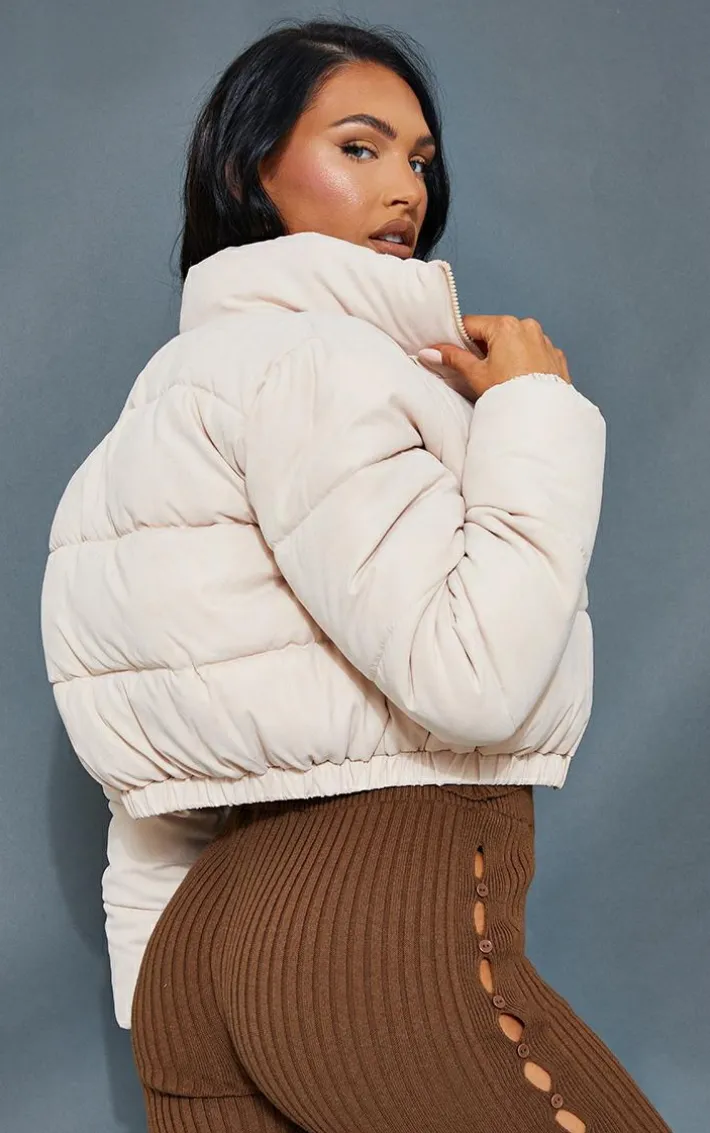 Stone Cropped Peach Skin Bubble Puffer Jacke