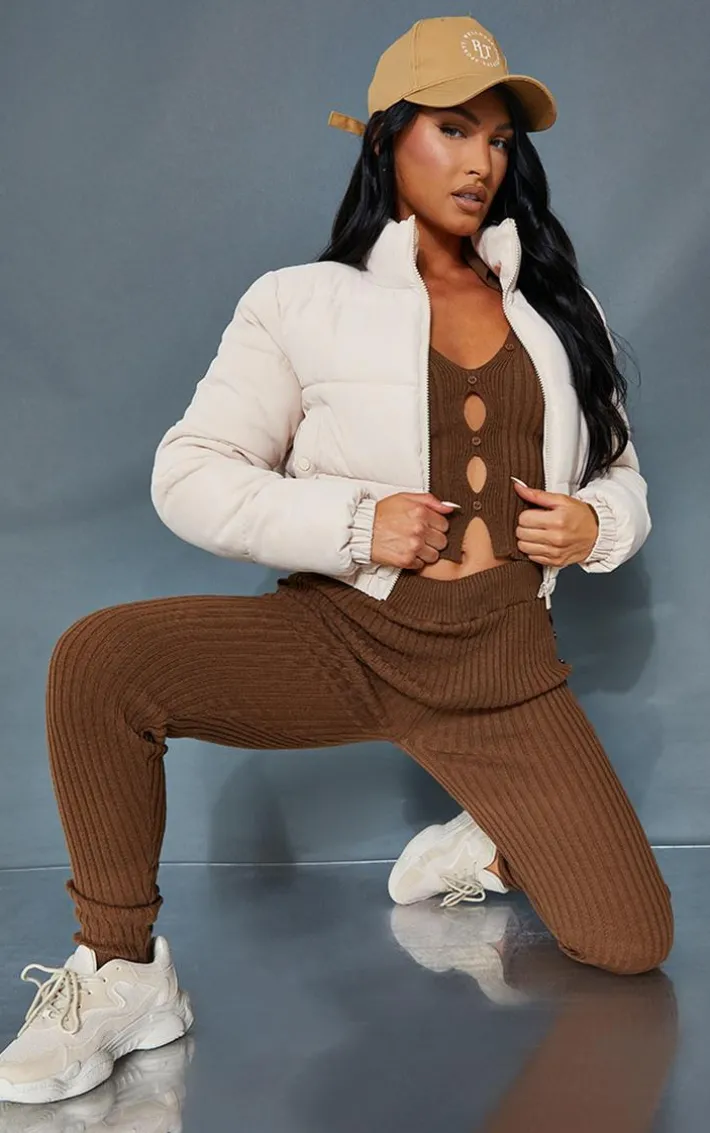 Stone Cropped Peach Skin Bubble Puffer Jacke