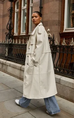 Stone Detachable Hem Faux Leather Trench Coat