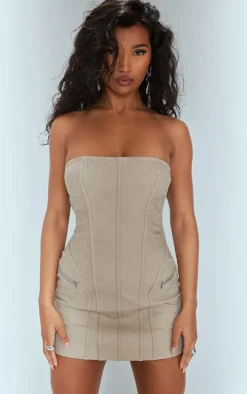 Stone Distressed PU Bandeau Zip Detail Bodycon Dress
