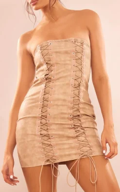 Stone Distressed PU Lace Up Bandeau Bodycon Dress