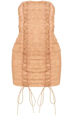 Stone Distressed PU Lace Up Bandeau Bodycon Dress