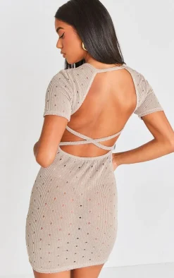 Stone Distressed Rib Cut Out Cross Back Bodycon Dress