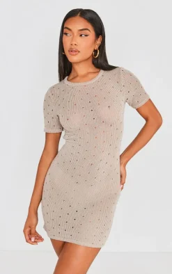 Stone Distressed Rib Cut Out Cross Back Bodycon Dress