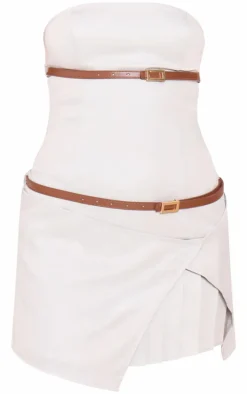Stone Double Belt Bandeau Pleated Mini Dress