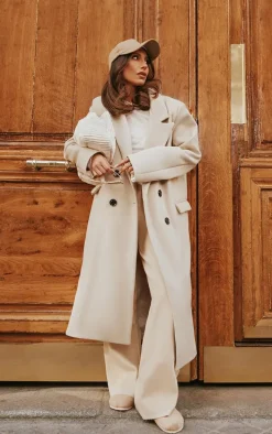 Stone Double Breasted Wool Look Overcoat