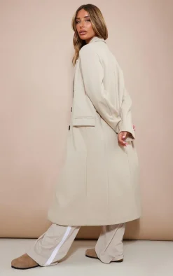 Stone Double Breasted Wool Look Overcoat