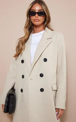 Stone Double Breasted Wool Look Overcoat