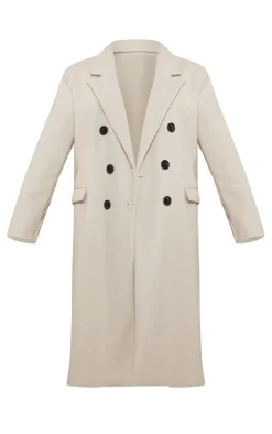 Stone Double Breasted Wool Look Overcoat