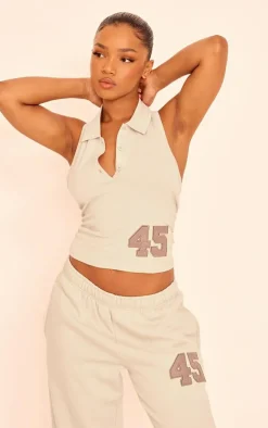 Stone Embroidered 45 Graphic Halterneck Button Up Top