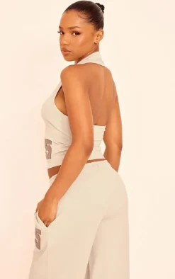 Stone Embroidered 45 Graphic Halterneck Button Up Top