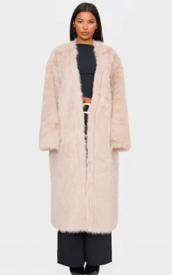 Stone Faux Fur Collarless Coat