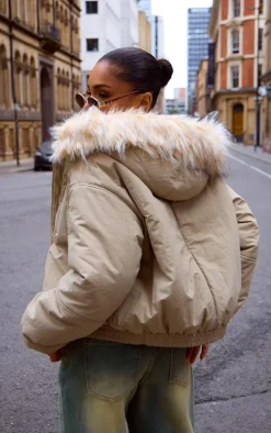 Stone Faux Fur Detachable Hood Parka Coat