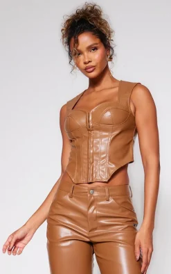 Stone Faux Leather Corset Detail Long Top