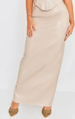 Stone Faux Leather High Waist Split Hem Maxi Skirt