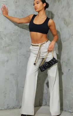 Stone Faux Leather Stitch Detail Wide Leg Pants