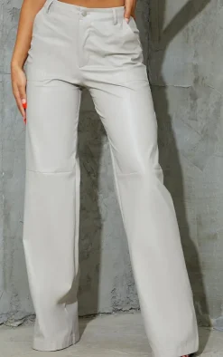 Stone Faux Leather Stitch Detail Wide Leg Pants