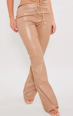 Stone Faux Leather Tie Front Low Rise Flared Pants