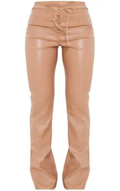 Stone Faux Leather Tie Front Low Rise Flared Pants
