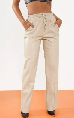 Stone Faux Leather Tie Waist Seam Front Wide Leg Pants