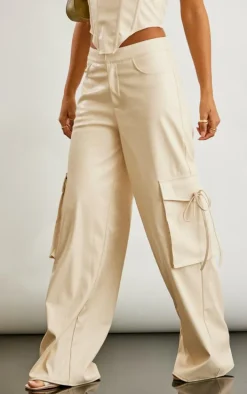 Stone Faux Leather Wide Leg Cargo Pants