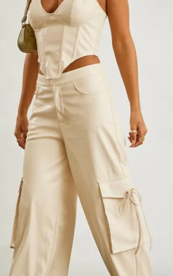 Stone Faux Leather Wide Leg Cargo Pants