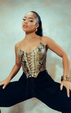 Stone Faux Snake Pu Lace Up Corset