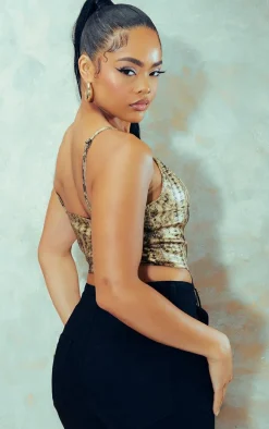 Stone Faux Snake Pu Lace Up Corset