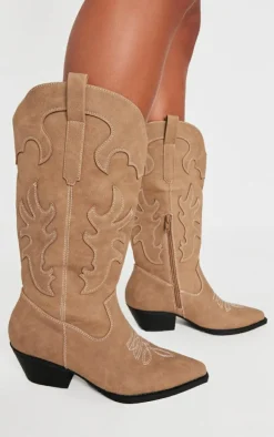 Stone Faux Suede Point Toe Low Block Heel Stitched Western Boots