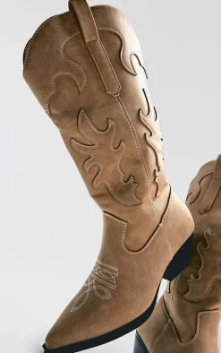 Stone Faux Suede Point Toe Low Block Heel Stitched Western Boots