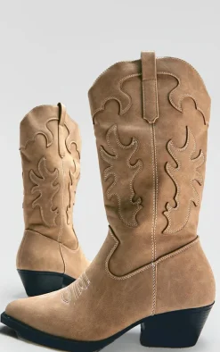 Stone Faux Suede Point Toe Low Block Heel Stitched Western Boots