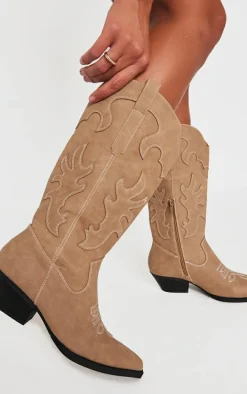 Stone Faux Suede Point Toe Low Block Heel Stitched Western Boots