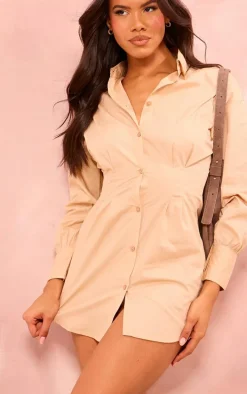 Stone Fitted Waist Long Sleeve Shirt Dress