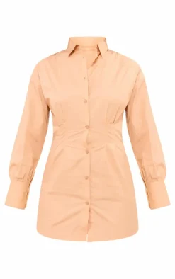Stone Fitted Waist Long Sleeve Shirt Dress