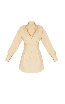 Stone Fitted Waist Long Sleeve Shirt Dress