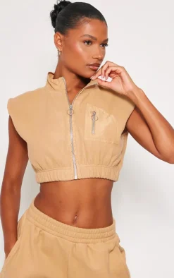 Stone Fleece Contrast Pocket Cropped Vest